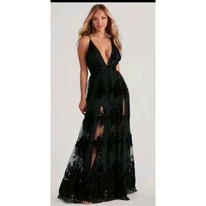 Windsor Morgan Flocked Velvet A-Line Formal Dress Black NWT Size Small